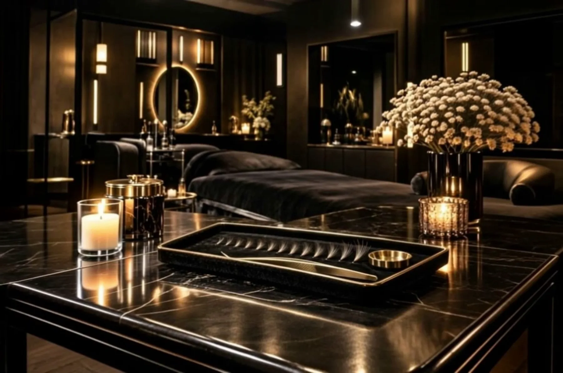 The Luxe Flutter studio: matte black walls and brushed gold sconces in warm light.